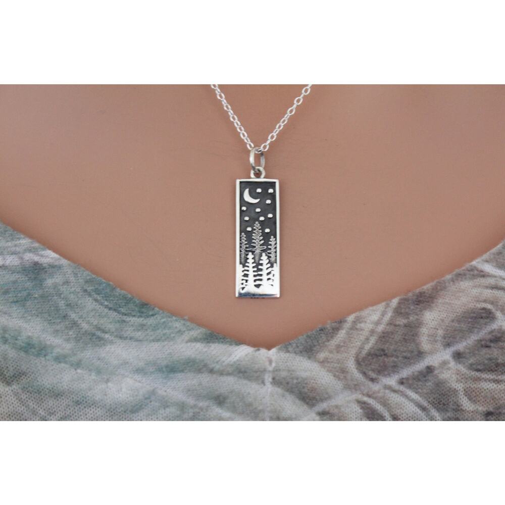 Sterling Silver Rectangle Pine Tree Charm With Mo… - image 1